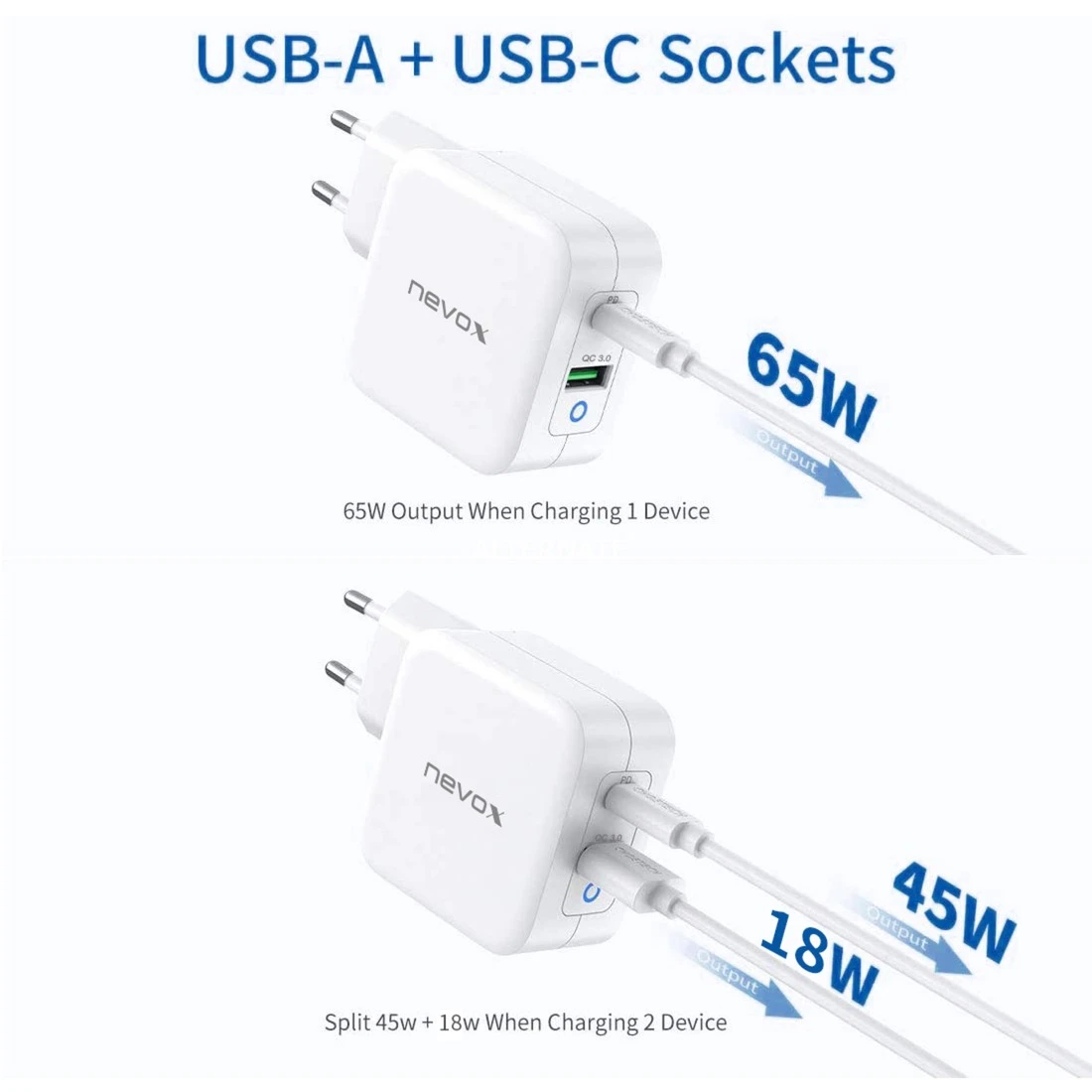 Nevox 65W USB-C Ladegerät mit Power Delivery (PD) + Quick Charge 3.0 - Schnellladegerät in Weiß – Bild 2
