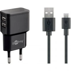 Goobay Micro USB Dual Ladeset 2,4 A - Schnellladegerät mit 2 USB-Anschlüssen (schwarz)